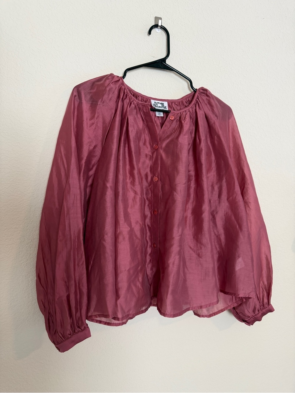 Future Collective Women’s Balloon Sleeve Flowy Boho Top Blouse Berry Red